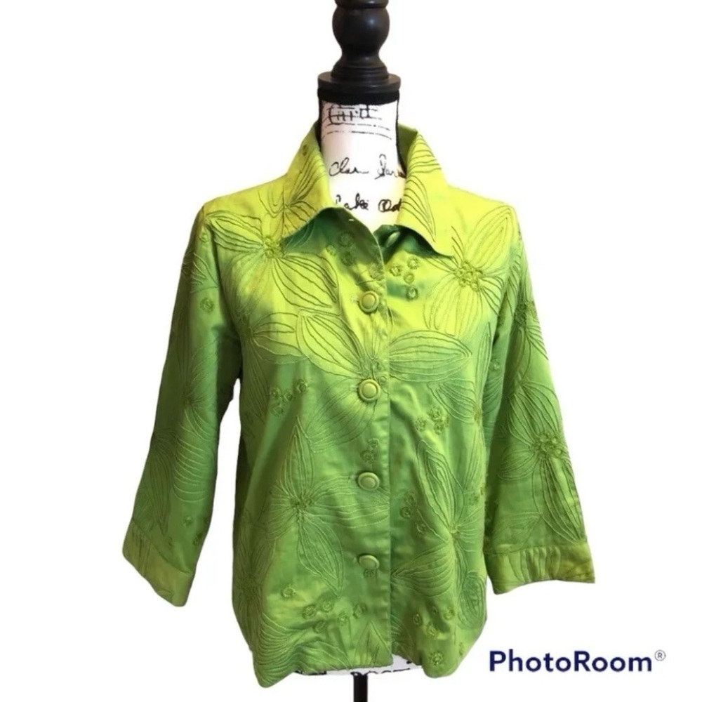 Chicos Jacket Shirt Green Size Small 0 4 Embellished Floral Embroidery Shacket